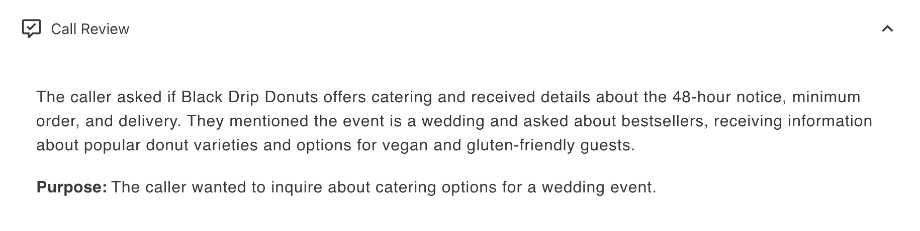Call review - AI-generated summary of the conversation including the purpose of the call and key details from the discussion