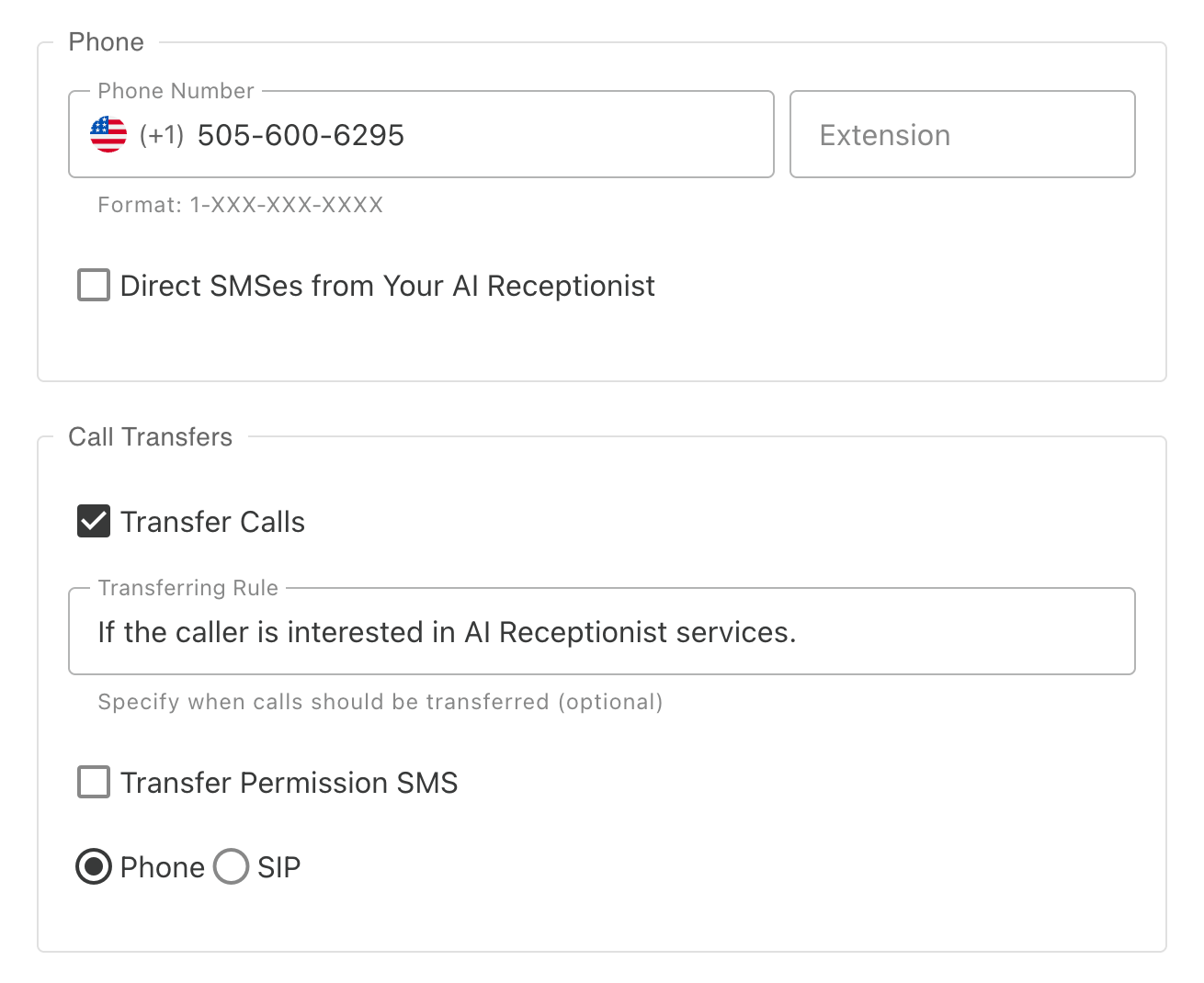 Contact phone and transfer settings - enter the contact's phone number and extension (if applicable), enable direct SMS from the AI receptionist, and configure call transfers by enabling/disabling transfers, setting transfer rules, and choosing between phone network or SIP/VoIP for receiving calls