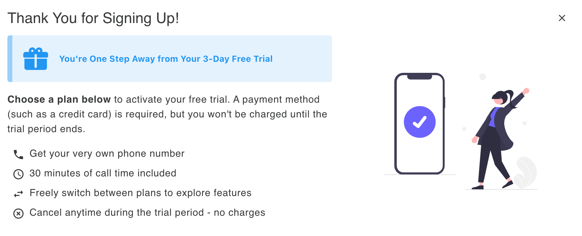 Thank you information box with getting started tips: choose your plan, lock in your number, customize greeting, add instructions, upload knowledge, tune personality, test and adjust, forward calls (optional), and contact support for personalized assistance