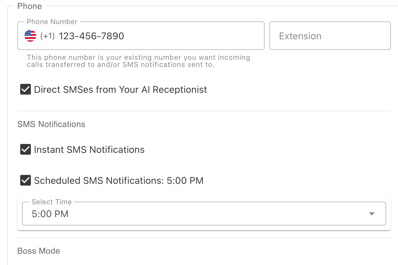 Phone settings - add your existing phone number for incoming call transfers, enable direct SMS messages from your AI receptionist, and configure real-time or scheduled SMS notifications about calls you've received